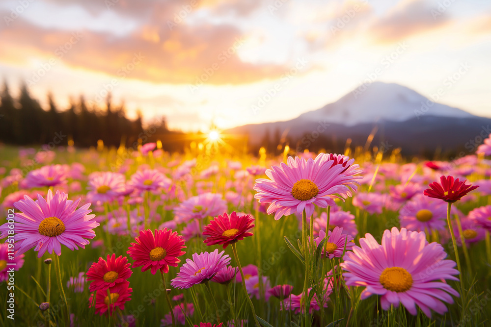 Obraz premium Beautiful flower field with pink and red daisies at sunset, showcasing vibrant colors and stunning mountain backdrop. scene evokes sense of tranquility and natural beauty