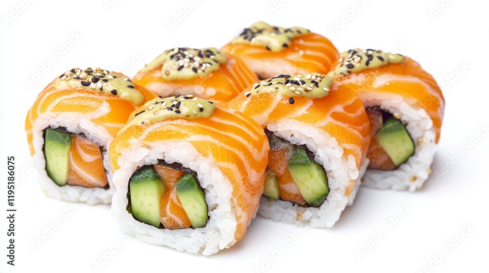 Salmon and avocado sushi on a white background Salmon and avocado sushi on a white background