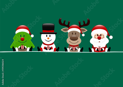 Karte Weihnachtsbaum Schneemann Rentier Und Santa Grün Dunkelrot