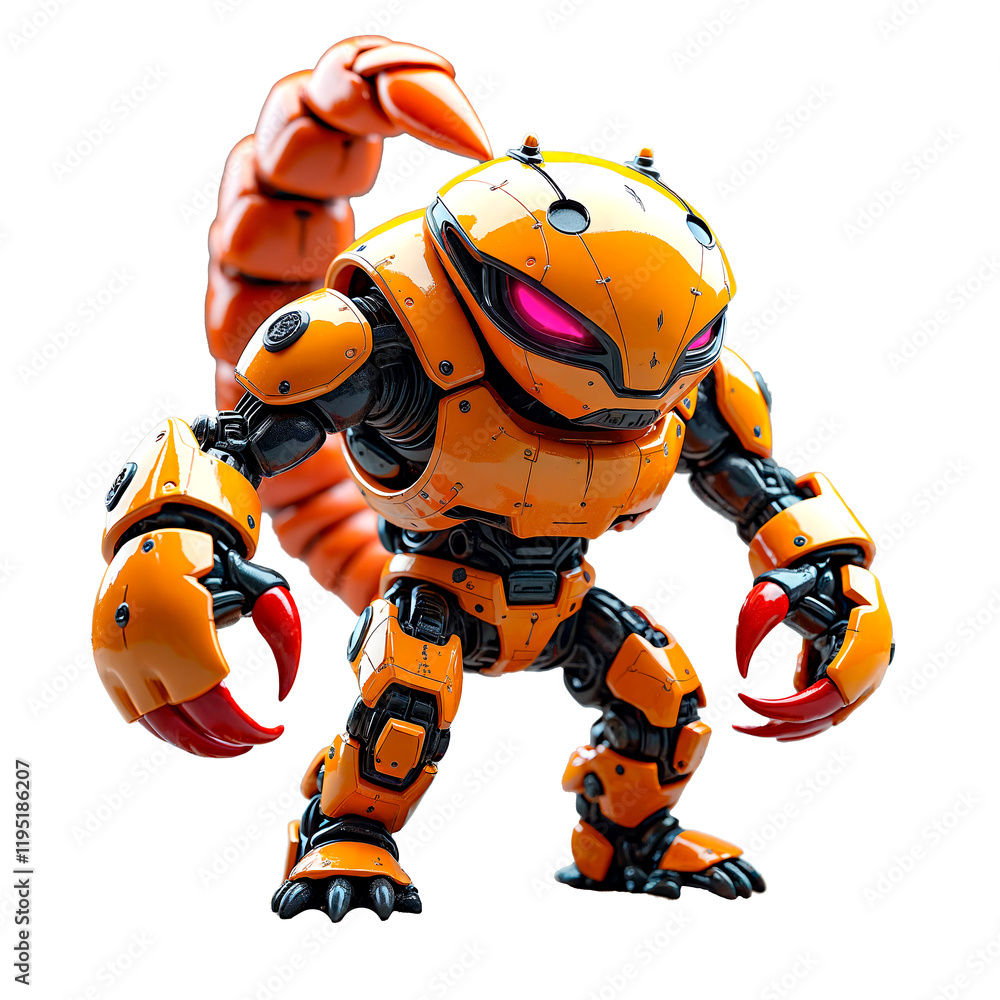 An orange scorpion-shaped robot with glowing pink eyes. Its claws look powerful. An orange scorpion-shaped robot with glowing pink eyes. Its claws look powerful.