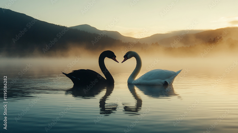 Naklejka premium Romantic Black and White Swans at Sunrise on a Misty Lake