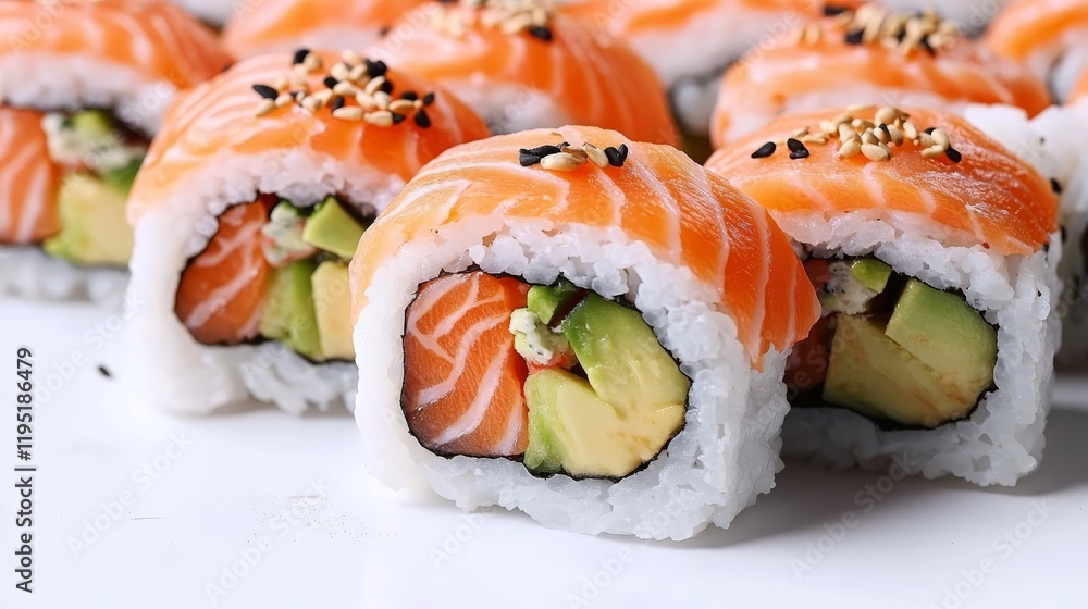 Salmon and avocado sushi on a white background Salmon and avocado sushi on a white background