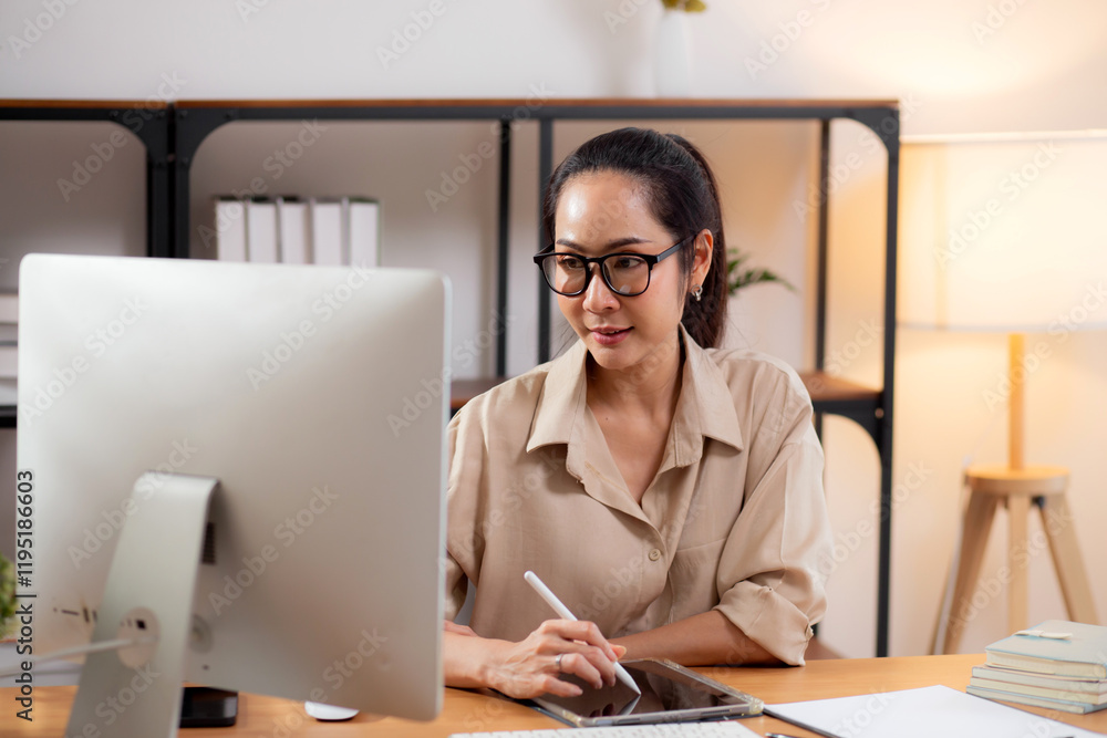 Happiness young businesswoman using desktop computer while writing on tablet on desk in living room at home office, business woman using computer, entrepreneur or freelance, business and commercial. Happiness young businesswoman using desktop computer while writing on tablet on desk in living room at home office, business woman using computer, entrepreneur or freelance, business and commercial.