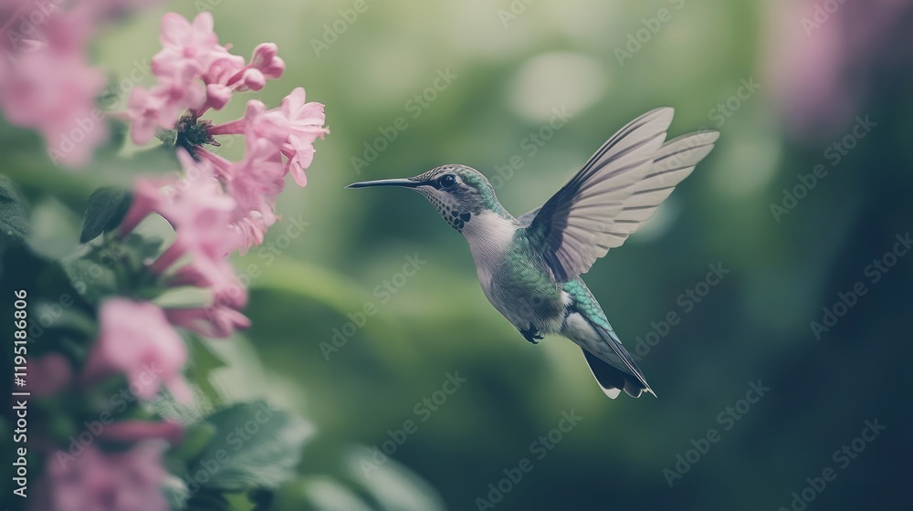 Hummingbird near pink flowers in a garden Hummingbird near pink flowers in a garden