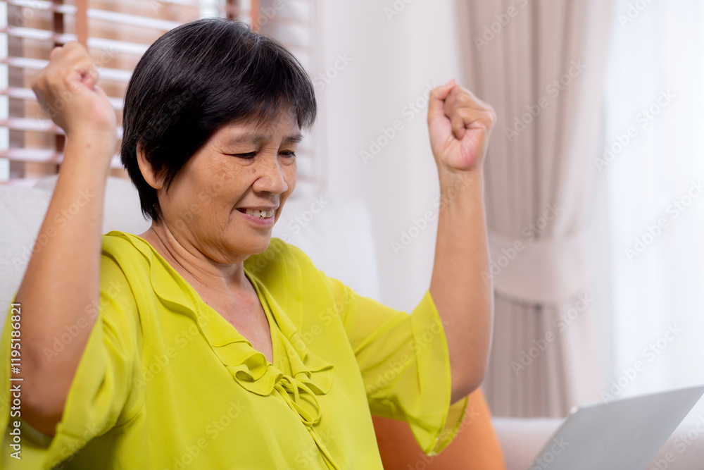 Asian senior woman sitting on sofa using laptop computer for looking social media with success in living room at home, elderly doing activities and communication, relaxation and leisure of retirement. Asian senior woman sitting on sofa using laptop computer for looking social media with success in living room at home, elderly doing activities and communication, relaxation and leisure of retirement.