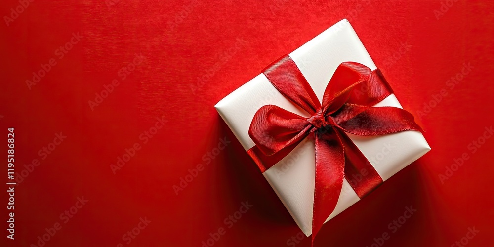 Flat lay of a white gift box with a red satin ribbon on a vibrant red background emphasizing a festive Christmas theme and celebration mood Flat lay of a white gift box with a red satin ribbon on a vibrant red background emphasizing a festive Christmas theme and celebration mood