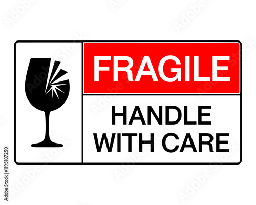 Warning label featuring a cracked wine glass icon, fragile handle with care.