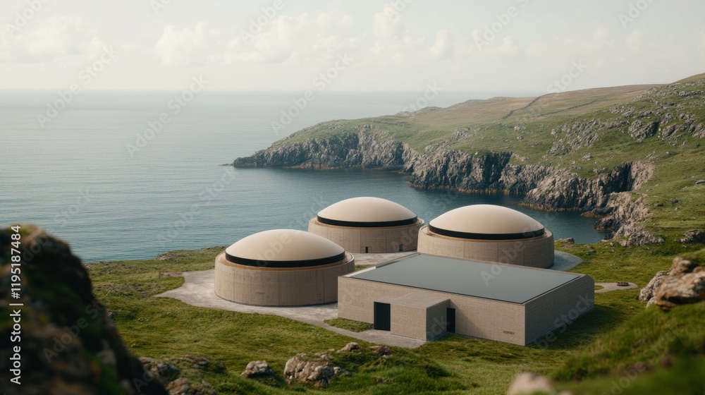 Fototapeta premium Modern biogas plant with dome-shaped tanks on a grassy coastal cliff overlooking the sea, highlighting sustainable energy solutions.