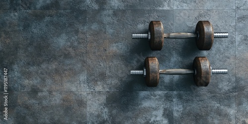 Topdown view of aged iron dumbbells on grey concrete floor in modern gym setting emphasizing fitness and bodybuilding themes with dark tones. photo