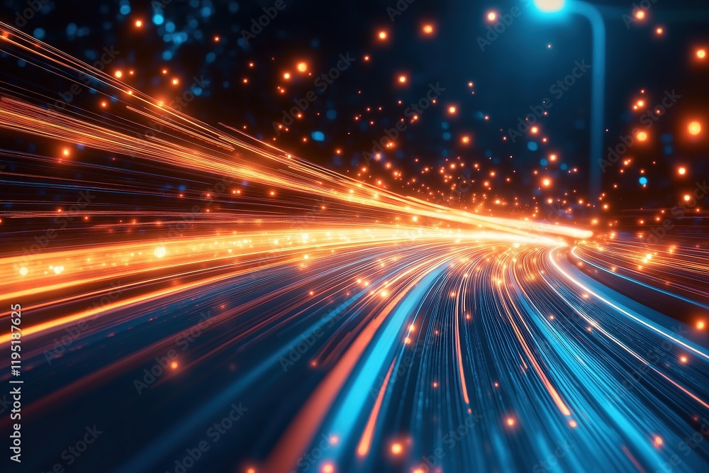 Dynamic abstract light trails create a futuristic path with vibrant orange and blue streaks. Dynamic abstract light trails create a futuristic path with vibrant orange and blue streaks.