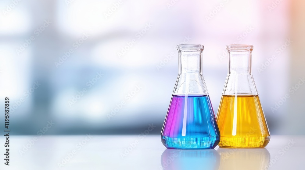 Two laboratory flasks filled with vibrant blue and yellow liquids, set against a soft-focus background, creating a colorful scientific aesthetic. Two laboratory flasks filled with vibrant blue and yellow liquids, set against a soft-focus background, creating a colorful scientific aesthetic.