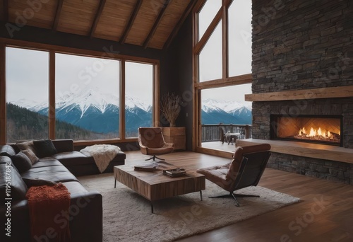A cozy living room featuring a beautiful stone fireplace and a comfy couch