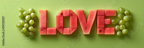 Creative watermelon and grape arrangement spells love on vibrant green background