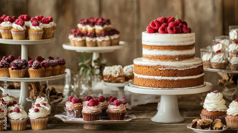 A variety of homemade cakes and desserts, including layered pastries and frosted cupcakes, displayed on a rustic wooden table A variety of homemade cakes and desserts, including layered pastries and frosted cupcakes, displayed on a rustic wooden table