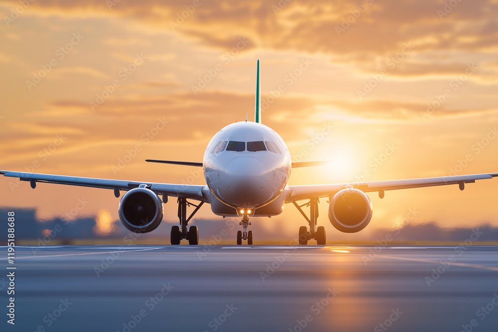 Naklejka premium white airplane on airport during sunset, showcasing its front view with warm golden light illuminating scene. atmosphere is serene and tranquil