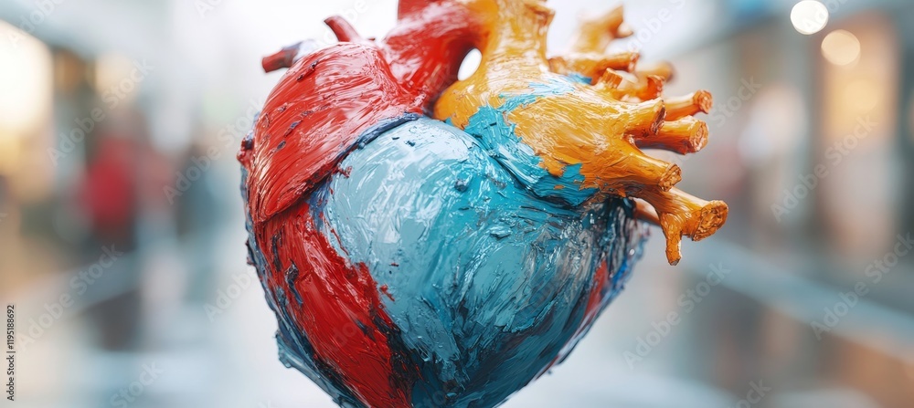 Naklejka premium Artistic Representation of Human Heart Anatomy with Vibrant Paint Strokes, 3D Illustration