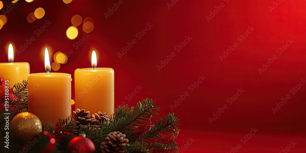 Warm festive holiday scene with three lit candles on green pine branches surrounded by gold and red ornaments against a rich red background. Warm festive holiday scene with three lit candles on green pine branches surrounded by gold and red ornaments against a rich red background.
