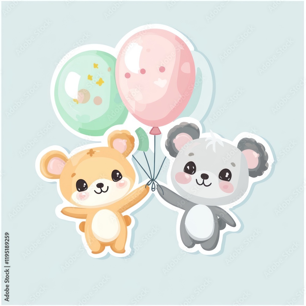 Naklejka premium Two cartoon bear cubs hold balloons on a light blue surface for kids