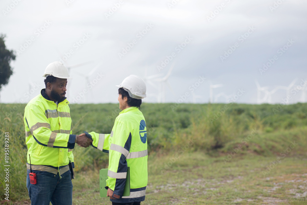 Two young engineer handshake about agreement of success renewable in wind turbines farm, renewable energy and sustainable collaboration for success and innovation, engineer shaking hands. Two young engineer handshake about agreement of success renewable in wind turbines farm, renewable energy and sustainable collaboration for success and innovation, engineer shaking hands.