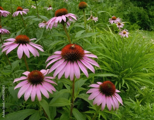 A vibrant bunch of pink flowers each featuring a brown center