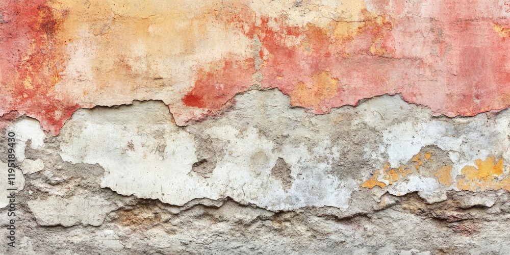 Obraz premium Textured old concrete wall fragment showcasing layers of weathered paint in warm red, orange, and neutral tones with visible cracks and peeling.