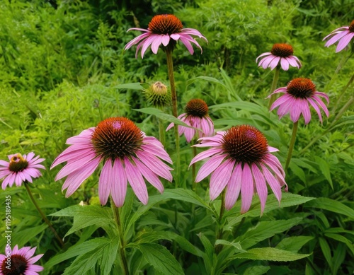 A vibrant bunch of pink flowers each featuring a brown center