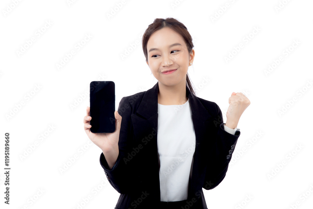 Portrait young asian businesswoman in suit showing smartphone isolated white background, business woman presenting with holding smart phone while success, achievement and business with expression. Portrait young asian businesswoman in suit showing smartphone isolated white background, business woman presenting with holding smart phone while success, achievement and business with expression.