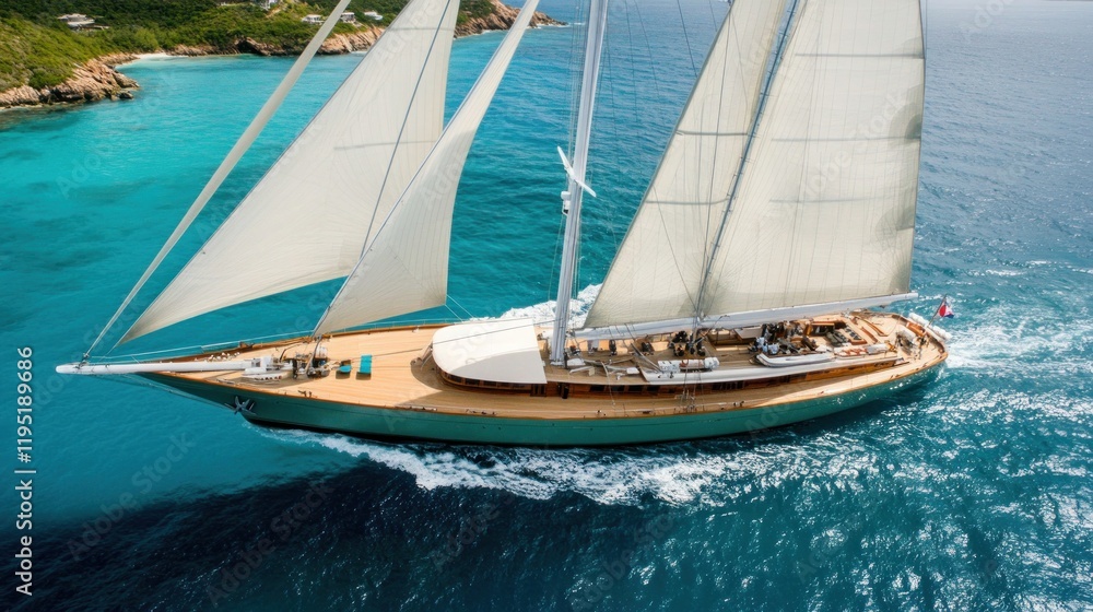 A large sailing yacht gliding through clear blue waters under bright sunlight. A large sailing yacht gliding through clear blue waters under bright sunlight.