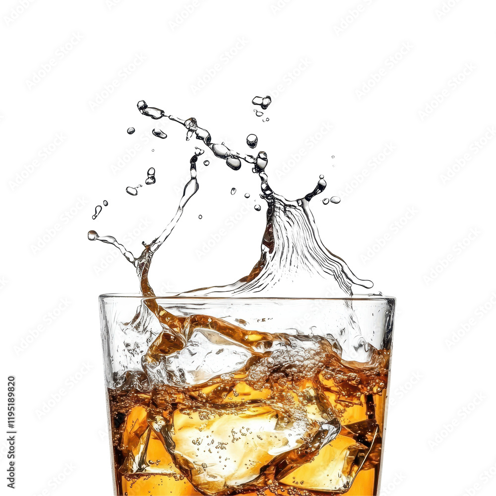 Whiskey Splash: A close-up, high-angle shot of a whiskey on the rocks, captured in a dramatic splash of liquid, showcasing the amber spirit's intensity and refreshing quality. Whiskey Splash: A close-up, high-angle shot of a whiskey on the rocks, captured in a dramatic splash of liquid, showcasing the amber spirit's intensity and refreshing quality.