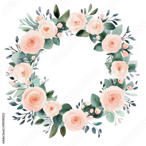 Delicate Floral Wreath:  A watercolor illustration of a circular floral wreath adorned with blush pink roses and lush eucalyptus leaves, perfect for adding a touch of elegance to any design.