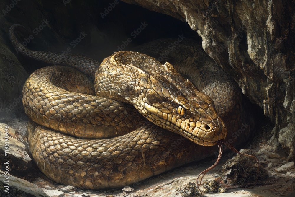 Large reptile rests in dark rock cave. Large reptile rests in dark rock cave.