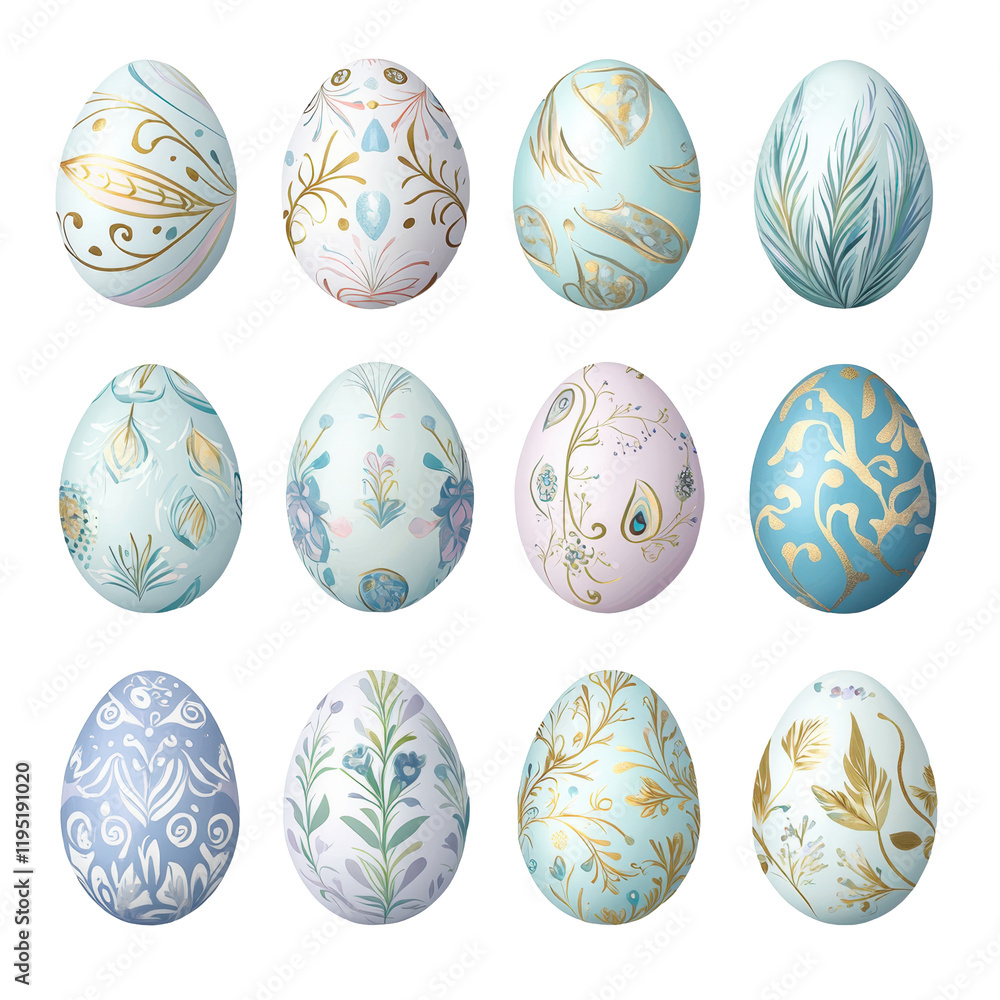 Pastel Easter Eggs Collection: Twelve uniquely designed pastel Easter eggs, adorned with intricate gold leaf patterns and floral motifs. Pastel Easter Eggs Collection: Twelve uniquely designed pastel Easter eggs, adorned with intricate gold leaf patterns and floral motifs.