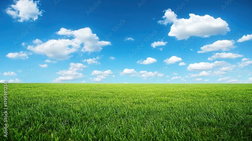 Obraz premium Green grass and blue sky with clouds Nature background