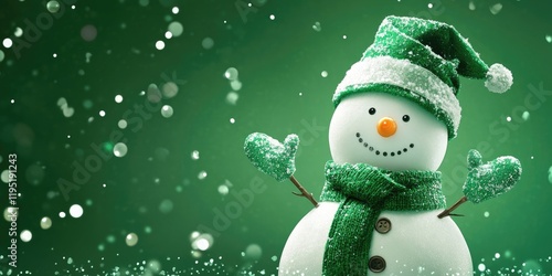 Cheerful snowman in green hat and scarf on a festive green background with falling snowflakes exuding Christmas joy and holiday spirit