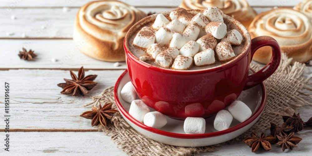 Fototapeta premium Festive red cup filled with hot chocolate topped with marshmallows placed on rustic white wooden surface surrounded by cinnamon rolls and star anise