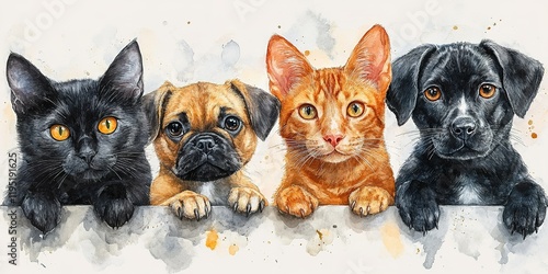 Colorful illustration of four adorable pets looking over a wall in a charming display of friendship and curiosity
