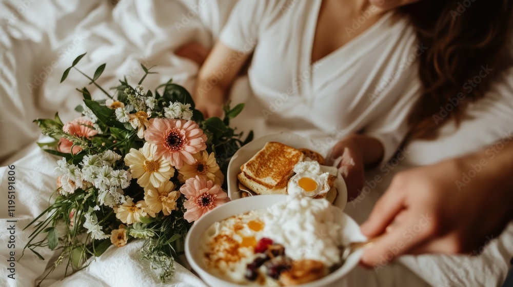 Romantic breakfast in bed woman receives flowers and a plate with eggs, toast, and berries.