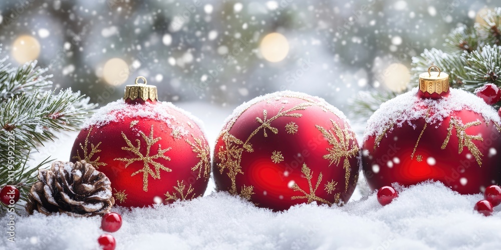 Festive red Christmas ornaments with gold snowflake designs on snowy ground surrounded by pine branches and pinecone in a winter setting Festive red Christmas ornaments with gold snowflake designs on snowy ground surrounded by pine branches and pinecone in a winter setting