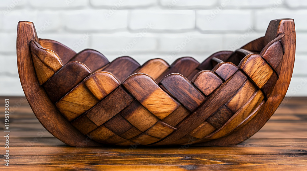 Obraz premium A beautifully crafted wooden bowl with intricate weaving, showcasing natural wood tones and elegant design, perfect for home decor or functional use.