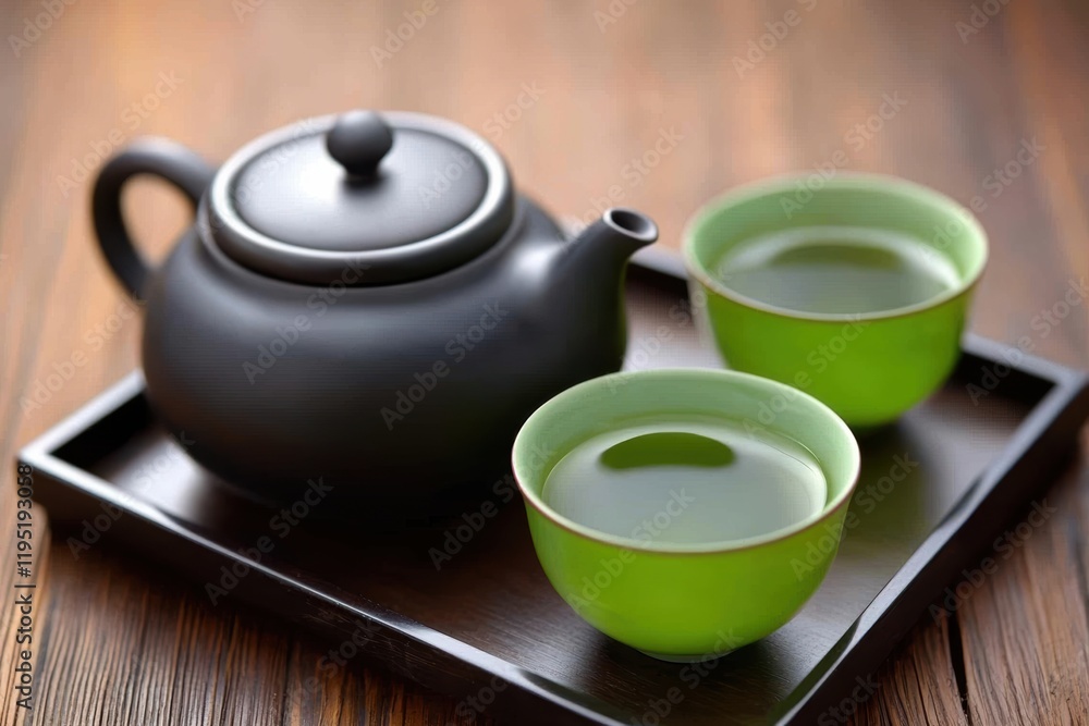 A rustic wooden table with a black teapot and two green cups of Chinese tea oolong on a tray. A rustic wooden table with a black teapot and two green cups of Chinese tea oolong on a tray.