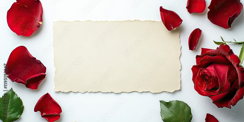 Flat lay of vibrant red rose petals and a full rose surrounding a blank torn craft paper on a clean white background ideal for Valentine's Day themes Flat lay of vibrant red rose petals and a full rose surrounding a blank torn craft paper on a clean white background ideal for Valentine's Day themes