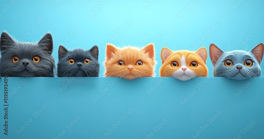 Fototapeta premium Five adorable cats peeking over a blue wall with curious expressions in a cozy indoor setting