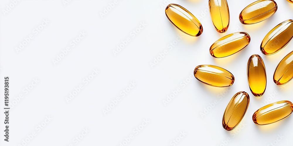 Fish oil capsules with vitamin E arranged on a white background with ample copy space featuring warm amber tones and a glossy finish. Fish oil capsules with vitamin E arranged on a white background with ample copy space featuring warm amber tones and a glossy finish.