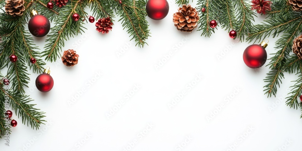 Spruce branches adorned with red baubles and pinecones on a white backdrop creating a festive frame for winter holiday and New Year themes Spruce branches adorned with red baubles and pinecones on a white backdrop creating a festive frame for winter holiday and New Year themes