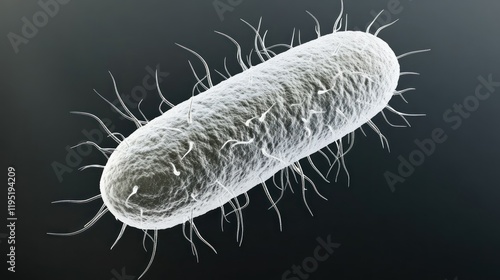 A 3D representation of a bacterium with flagella, illustrating microbial structure. photo