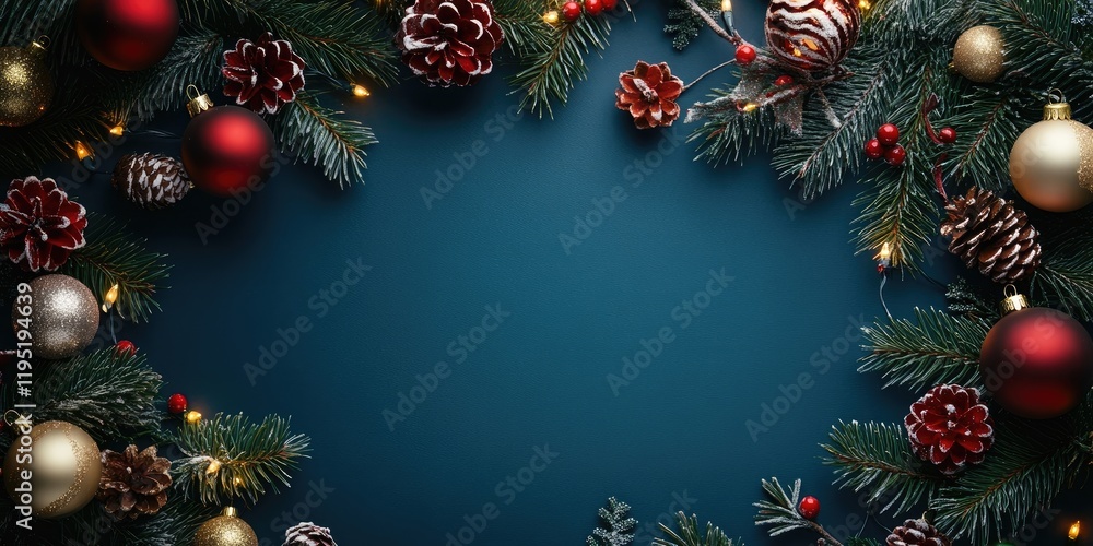 Elegant Christmas background with dark teal center adorned with red, gold, and silver ornaments, pinecones, and greenery accents framing edges. Elegant Christmas background with dark teal center adorned with red, gold, and silver ornaments, pinecones, and greenery accents framing edges.
