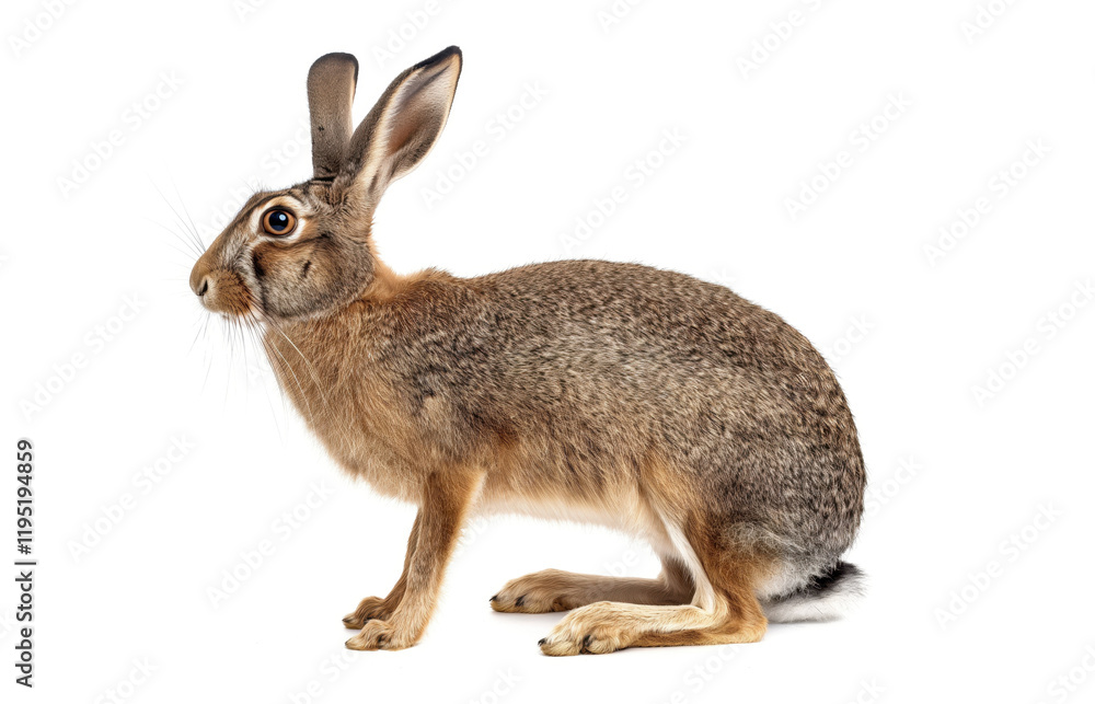 Obraz premium Brown hare (Lepus europaeus) isolated on white background. Baby hare. Rabbit on white background. Wild herbivore. Wildlife. Mammals. Rodent 
