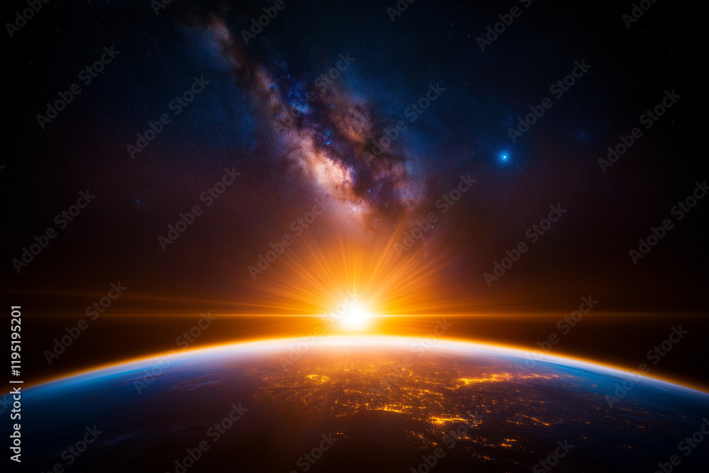 breathtaking view of Earth from space, showcasing vibrant sunrise over horizon, with Milky Way galaxy illuminating night sky. scene evokes sense of wonder and tranquility breathtaking view of Earth from space, showcasing vibrant sunrise over horizon, with Milky Way galaxy illuminating night sky. scene evokes sense of wonder and tranquility