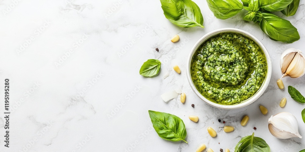 Fresh green pesto sauce in a white bowl surrounded by basil leaves pine nuts and garlic cloves on a light marble background with copy space Fresh green pesto sauce in a white bowl surrounded by basil leaves pine nuts and garlic cloves on a light marble background with copy space