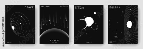 Set of abstract space astronomy backgrounds. Line art galaxy, meteorites, planet, black hole. Science future concept. Cosmic minimalist design for cover, poster, layout, banner, flyer, brochure